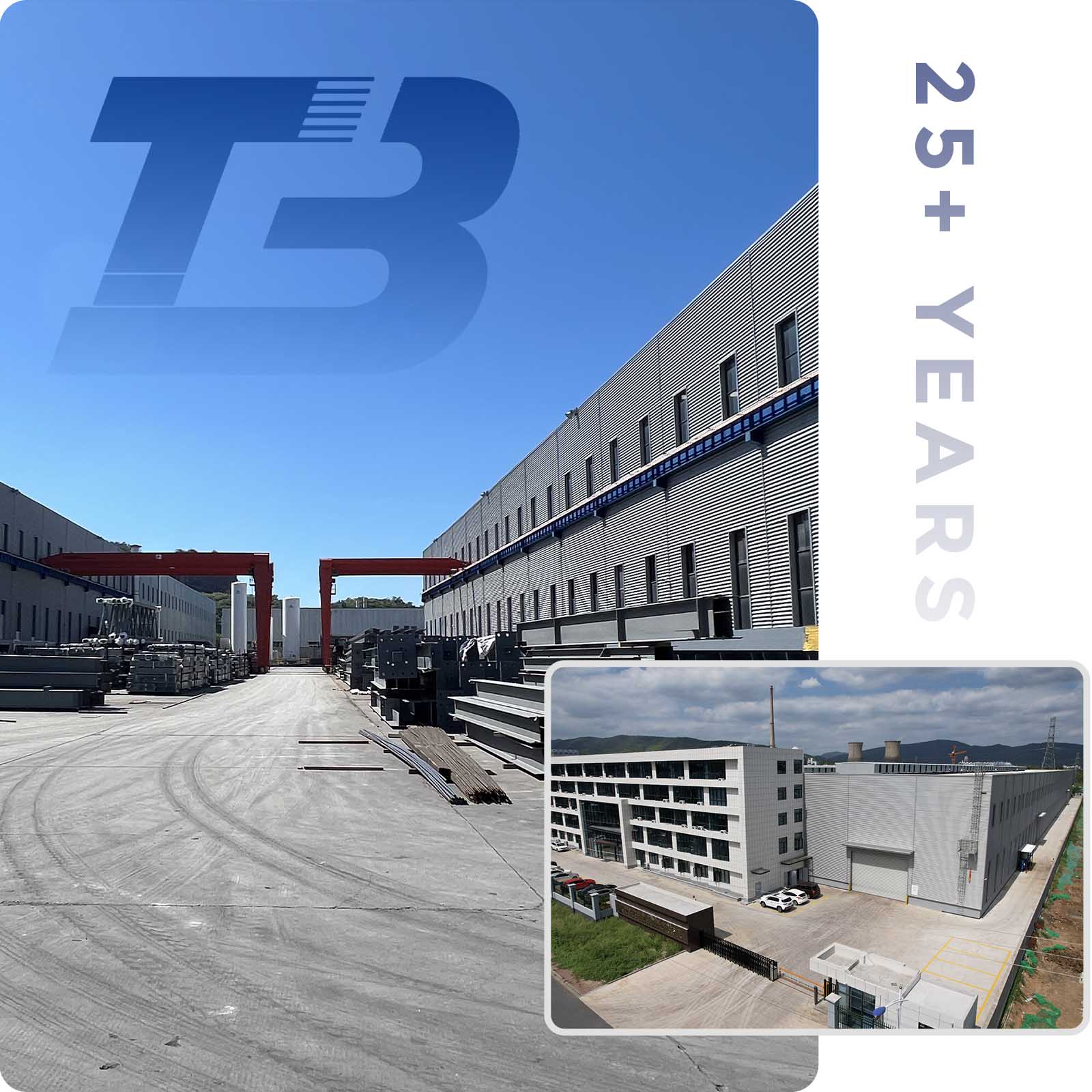 Steel structure industrial facility with gantry cranes and material yard
